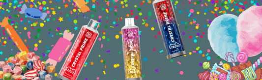 Colourful Crystal Prime 7000 disposable vapes surrounded by sweets, candy, and confetti, highlighting fruity flavours and fun vibes for UK vapers looking for bold taste and stylish design