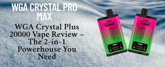 Two WGA Crystal Plus 20000 disposable vapes with gradient pink-green design on icy background. Text highlights “WGA Crystal Pro Max” and vape review title promoting the 2-in-1 long-lasting powerhouse device.