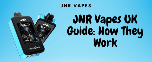 Two blue JNR Vapes MediaMax devices displayed on a light blue background with bold black text reading 'JNR Vapes UK Guide: How They Work' at the top right