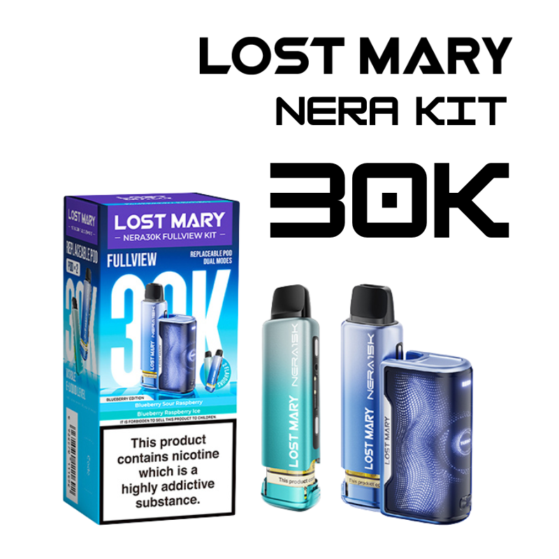 A box of Lost Mary Nera 30k Puffs Vape Kit in Blueberry Raspberry Ice flavour.
