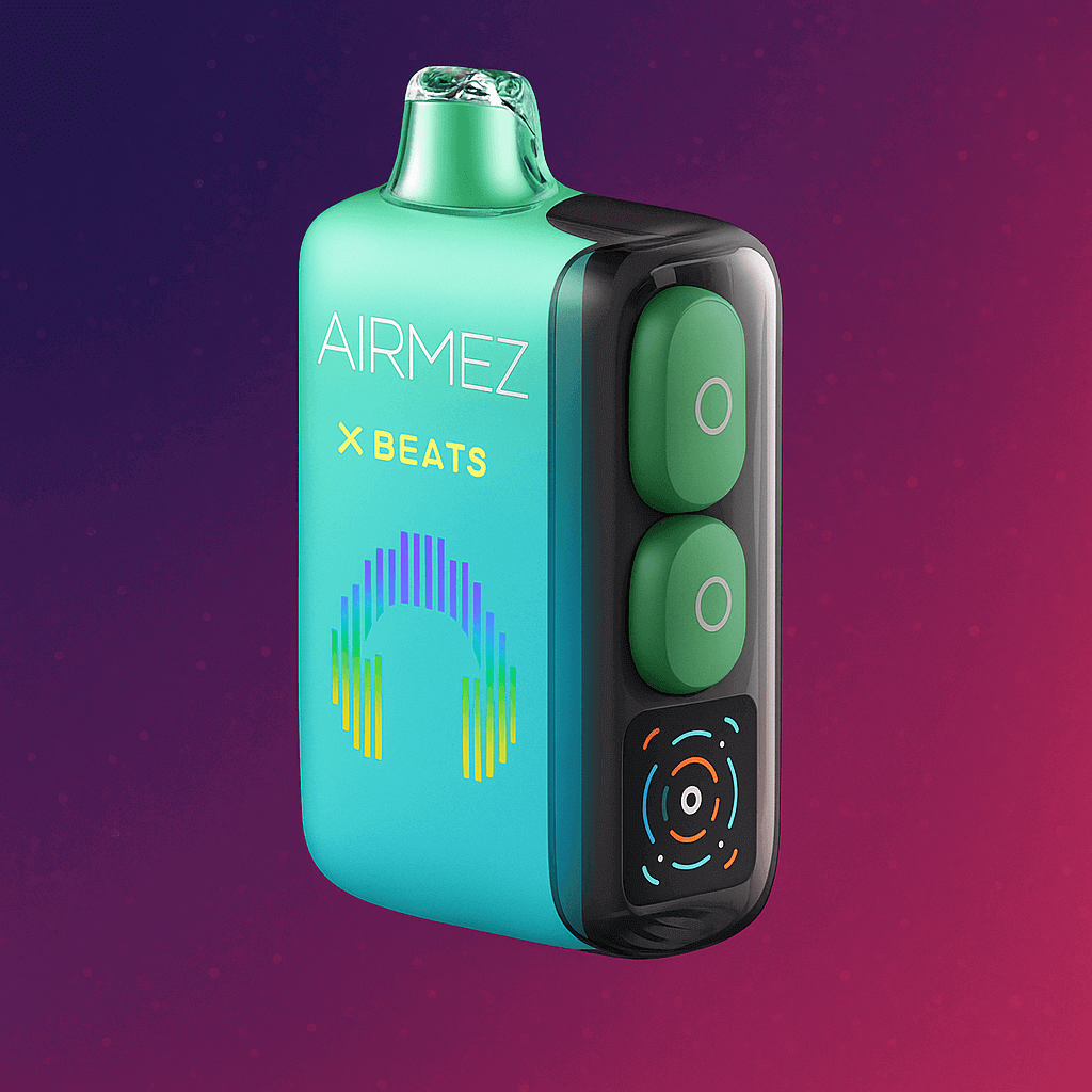 A stylish AIRMEZ X BEATS 40000 puffs disposable vape with dual-tone design, green pods, and LED display, set against a cosmic purple-magenta gradient background, highlighting its futuristic and vibrant appeal.