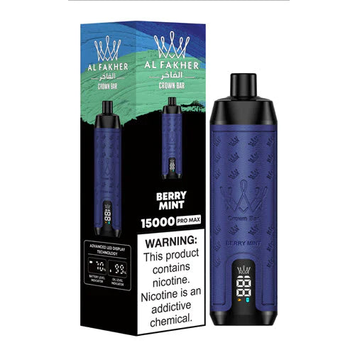 Al Fakher Crown Bar 15000 Puffs Vape LED display, with Berry Mint flavor.
