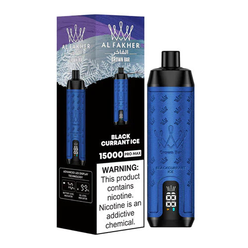 An image of a product of Al Fakher Crown Bar 15000 Puffs Vape LED display, with Black Currant Ice flavor.