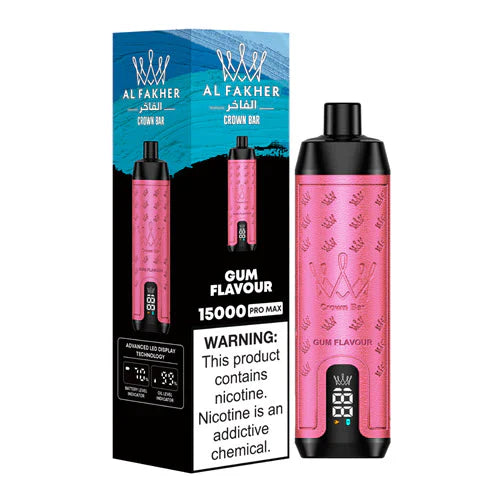 An Image of Al Fakher Crown Bar 15000 Puffs Vape LED display, with Gum flavor.