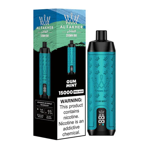 An Image of Al Fakher Crown Bar 15000 Puffs Vape LED display, with Gum Mint flavor.