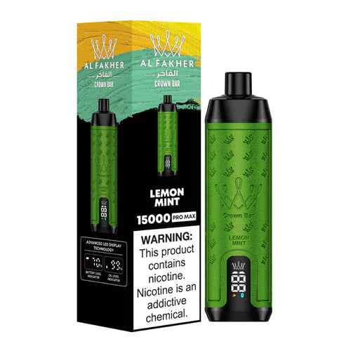 An Image of Al Fakher Crown Bar 15000 Puffs Vape LED display, with Lemon Mint flavor.