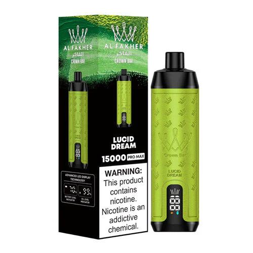 An Image of Al Fakher Crown Bar 15000 Puffs Vape LED display, with Lucid Dream flavor.
