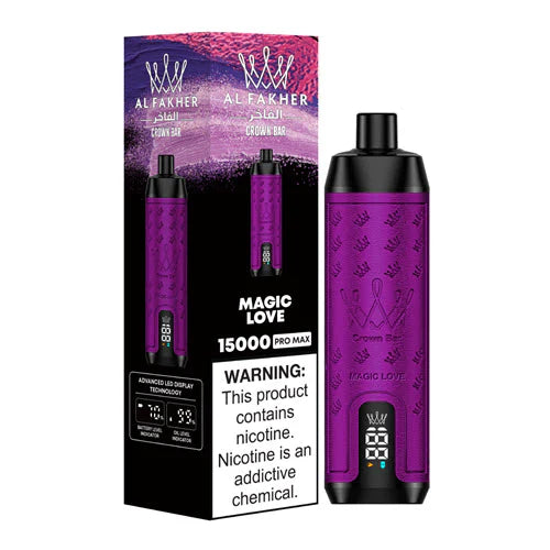 An Image of Al Fakher Crown Bar 15000 Puffs Vape LED display, with Magic Love flavor.