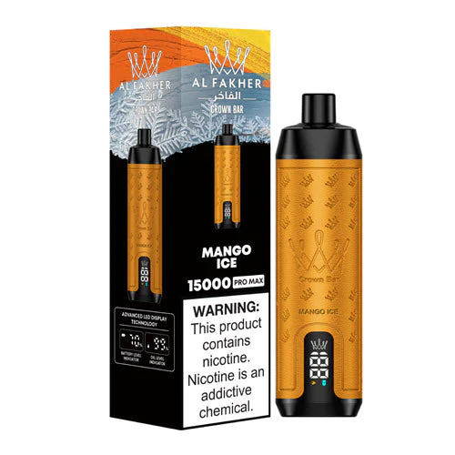 An Image of Al Fakher Crown Bar 15000 Puffs Vape LED display, with Mango Ice flavor.