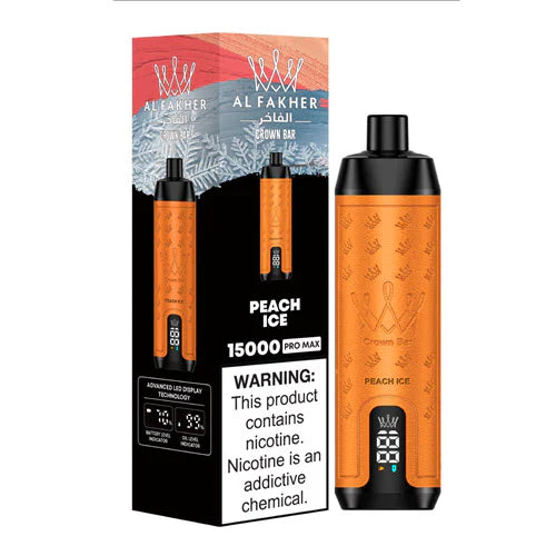 An Image of Al Fakher Crown Bar 15000 Puffs Vape LED display, with Peach Ice flavor.