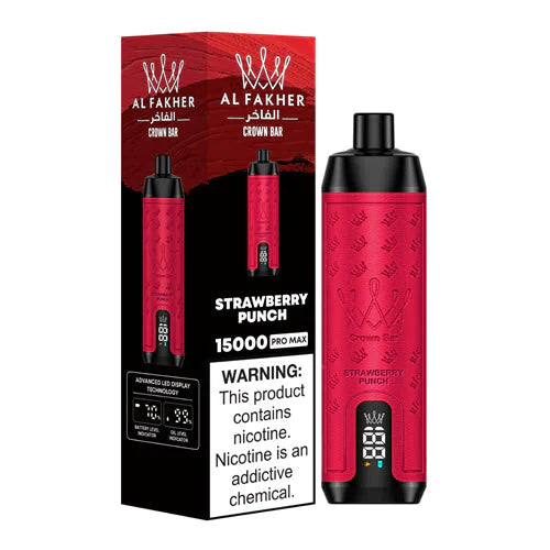 An Image of Al Fakher Crown Bar 15000 Puffs Vape LED display, with Strawberry Punch flavor.