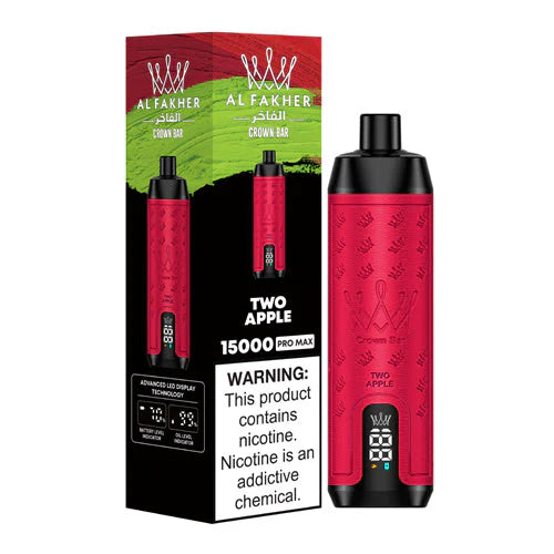 An Image of Al Fakher Crown Bar 15000 Puffs Vape LED display, with Two Apple flavor.