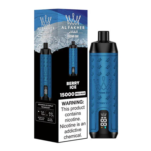Al Fakher Crown Bar 15000 Puffs Vape LED display, with Berry Ice flavor.