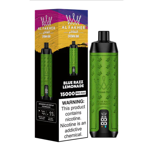 An Image of Al Fakher Crown Bar 15000 Puffs Vape LED display, with Blue Razz Lemonade flavor.