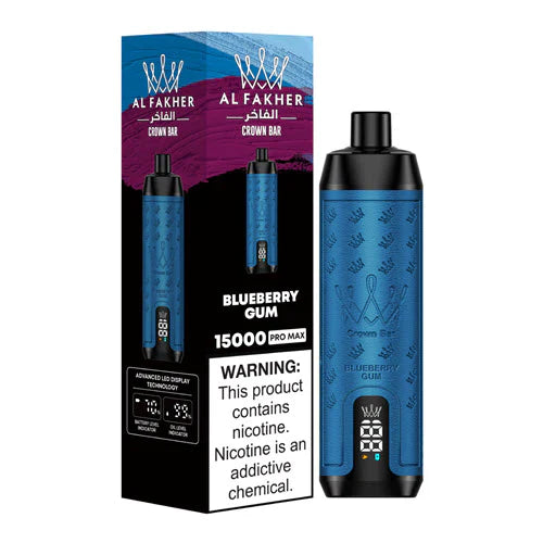 A product of Al Fakher Crown Bar 15000 Puffs Vape LED display, with Blueberry Gum flavor.