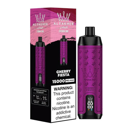 Al Fakher Crown Bar 15000 Puffs Vape LED display, with Cherry Fiesta flavor.