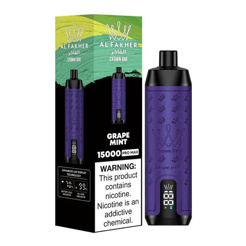 An Image of Al Fakher Crown Bar 15000 Puffs Vape LED display, with Grape Mint flavor.