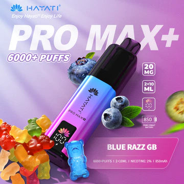 Hayati Pro Max+ 6000 Puffs Vape Kit UK, with Blue and Purple colour and having BlueRazzGB Flavour.