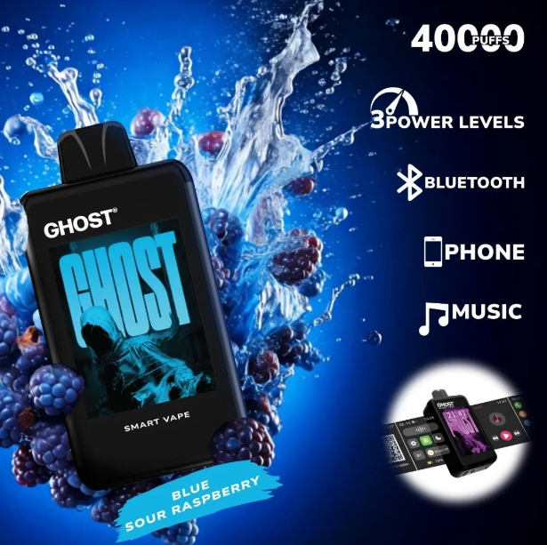 Ghost Smart Vape 40000 Puffs Disposable Vape UK, with Blue colour and having Blue sour Raspberry Flavour.