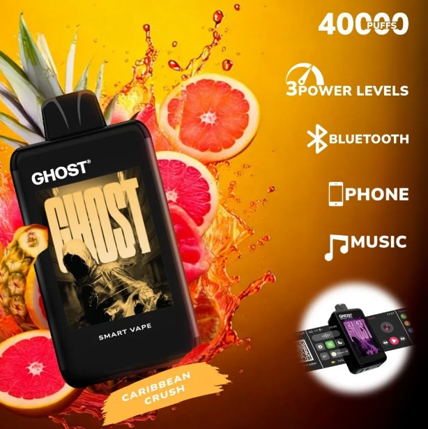Ghost Smart Vape 40000 Puffs Disposable Vape UK, with Light Yellow colour and having Caribbean Crush Flavour.