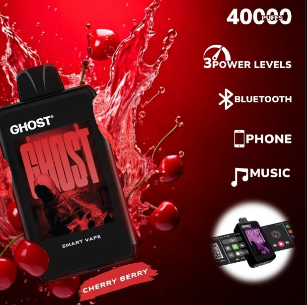Ghost Smart Vape 40000 Puffs Disposable Vape UK, with Red colour and having Cherry Berry Flavour.