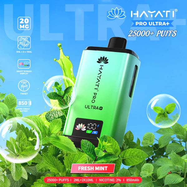 Hayati Pro Ultra+ 25000+ Puffs Disposable Vape UK, with Fresh Green colour of device and having Fresh Mint Flavours.