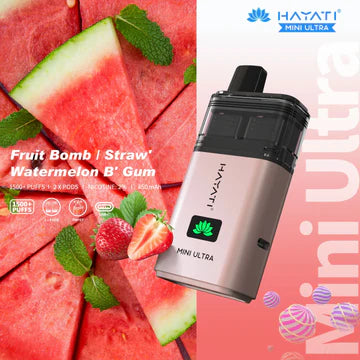 Hayati Mini Ultra 1500 Puffs Disposable Vape UK, with Off Silver Colour and having Fruit Bomb | Straw watermelon B Gum Flavour.