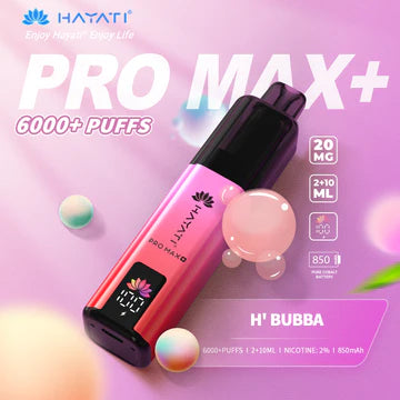 Hayati Pro Max+ 6000 Puffs Vape Kit UK, with pink and purple gradient design, and having H_Bubba_ Flavour