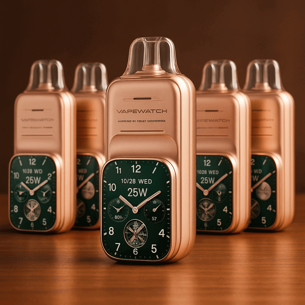 Five shiny rose gold JNR VAPEWATCH 30000 puffs disposable vapes are placed on a wooden table. Each one has a screen that looks like a smartwatch, showing “25W” and the date. The background is a warm brown colour with soft lighting.