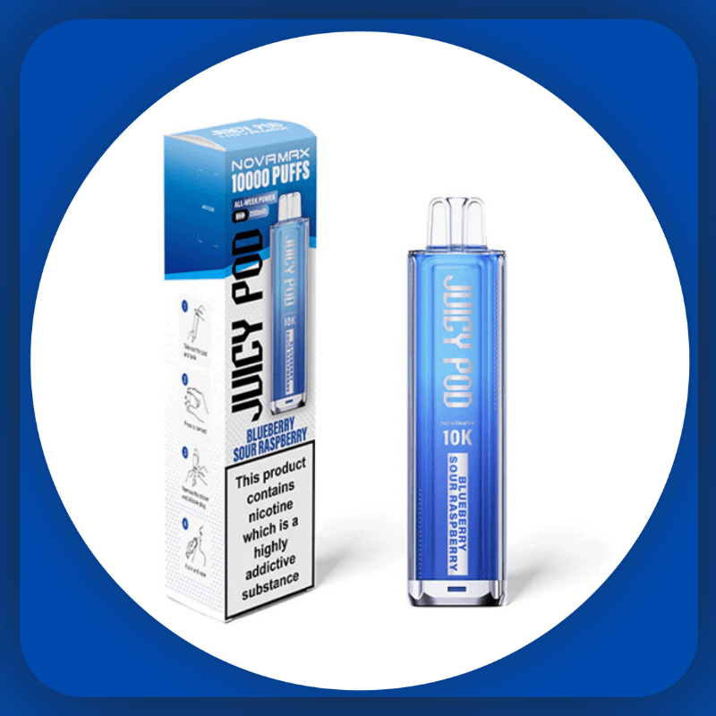 Juicy Pod vape Novamax with 10k puffs and packaging having Blueberry Sour Raspberry flavor.