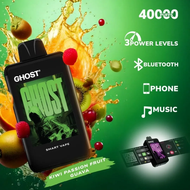 Ghost Smart Vape 40000 Puffs Disposable Vape UK, with Green colour and having Kiwi Passion Guava Flavour.