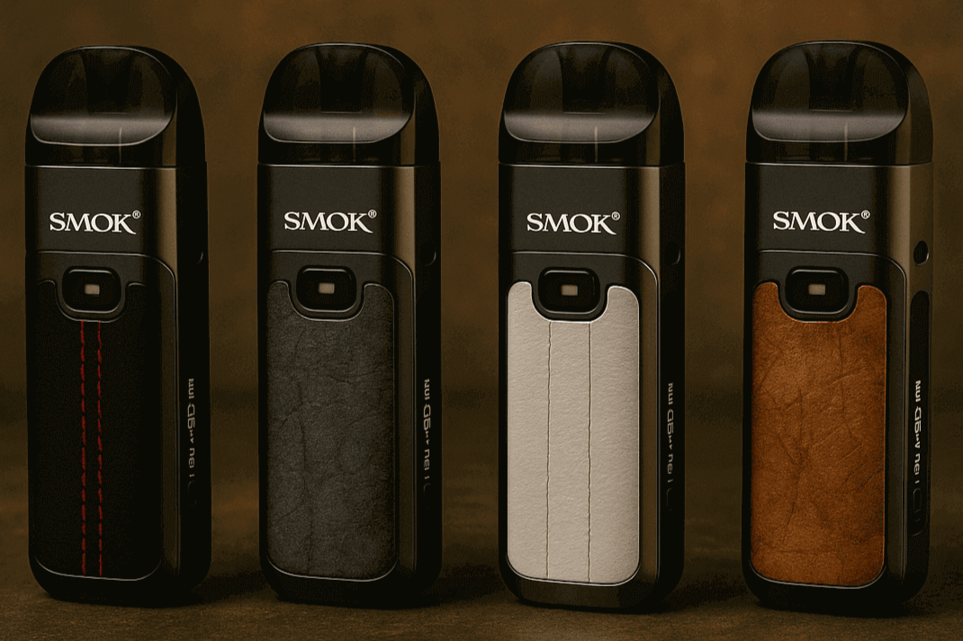Four SMOK Nord 5 pod system vape devices standing upright in a row against a warm, earthy-toned background. Each device features a different textured panel—black with red stitching, dark grey, white, and tan—highlighting their sleek, modern design and metallic accents.