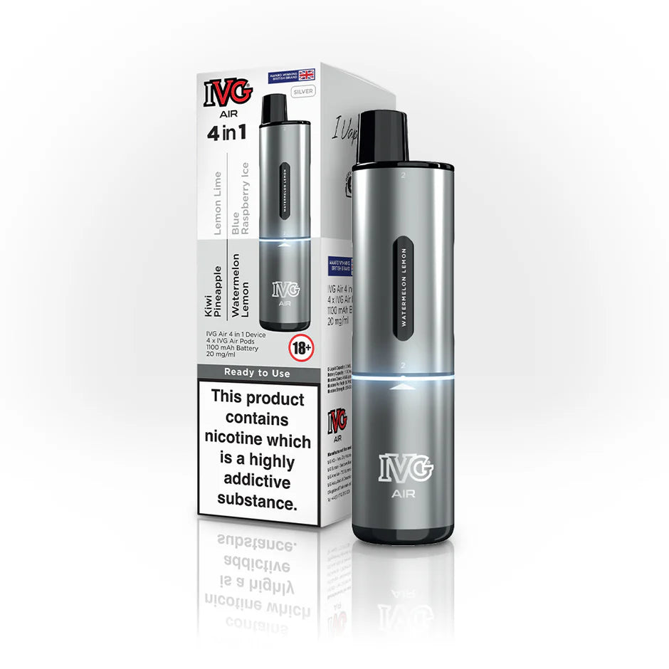 IVG Air 4-in-1 Silver Edition disposable vape in metallic silver colour with four flavours