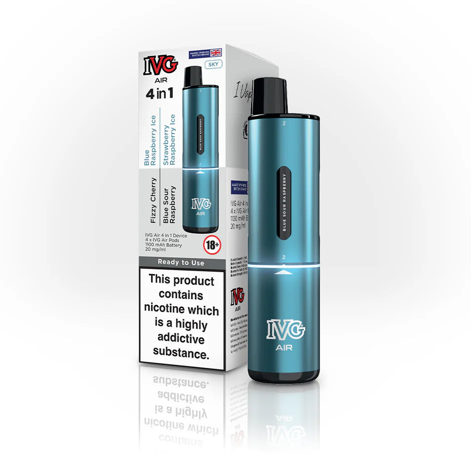 IVG Air 4-in-1 Sky Edition disposable vape in metallic blue colour with four flavours.