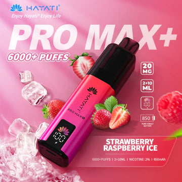 Hayati Pro Max+ 6000 Puffs Vape Kit UK, with red at the top to pink at the bottom and having StrawberryRaspberryIce-Flavour