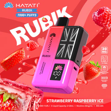 Hayati Rubik 7000+ Puffs Disposable Pod Vape Kit UK, with Pink and Red Colour and having Strawberry Raspberry Ice flavour.