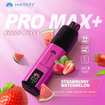 Hayati Pro Max+ 6000 Puffs Vape Kit UK, with pink at the top to magenta at the bottom and having StrawberryWatermelon-Flavour