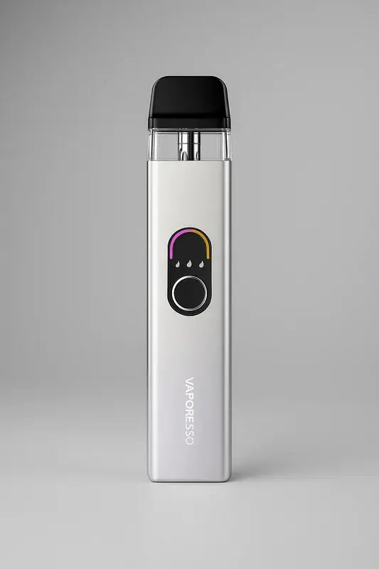 Vaporesso XROS 4 Mini Pod Vape Kit in silver with LED power indicator, mesh pod, and sleek rectangular design on a clean background.