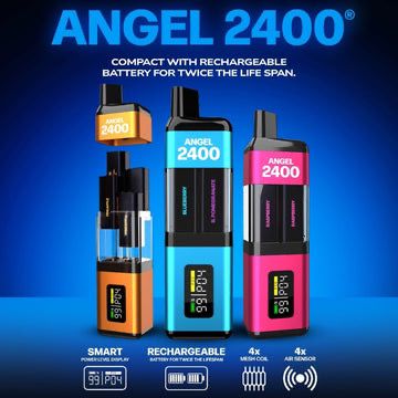 The poster of Angel 2400 Disposable Pod Kit in 3 different color and 3 different flavors.