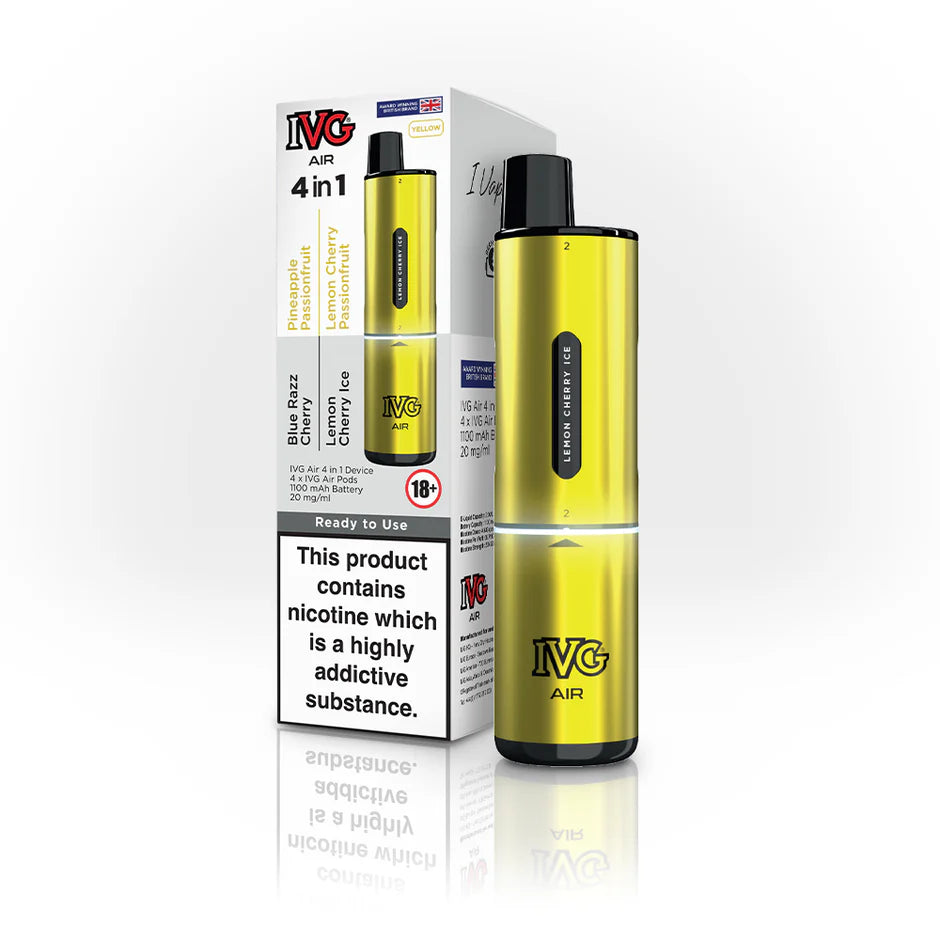 IVG Air 4-in-1 Yellow Edition disposable vape in sleek metallic Yellow, featuring four flavours.