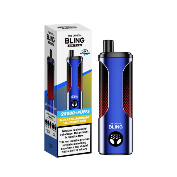 Crystal Bling Shisha 25000 Puffs Vape UK, with blue colour and having Blue Razz lemonade Blueberry Gum Flavour.