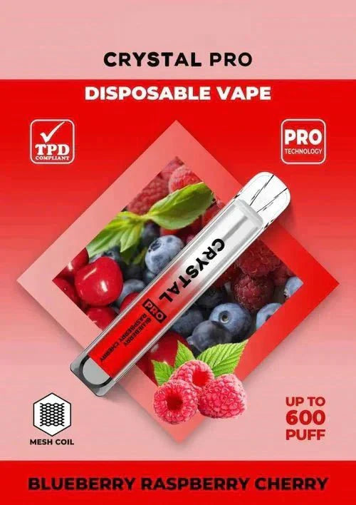 Crystal Pro Bar 600 Puffs Disposable Vape UK, having Blueberry Raspberry Cherry Flavour.