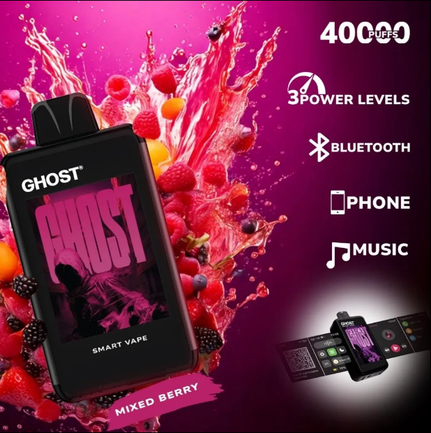 Ghost Smart Vape 40000 Puffs Disposable Vape UK, with Pink colour and having Mixed Berry Flavour.