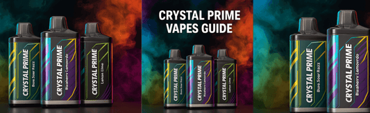 Crystal Prime disposable vapes displayed against a colourful smoke background, with bold white text 'Crystal Prime Vapes Guide' in the centre.
