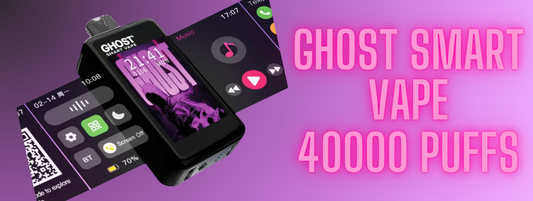 Ghost smart vape 40000 puffs disposable vape device and text written in is Ghost smart vape 40000 puffs with light pink and purple background