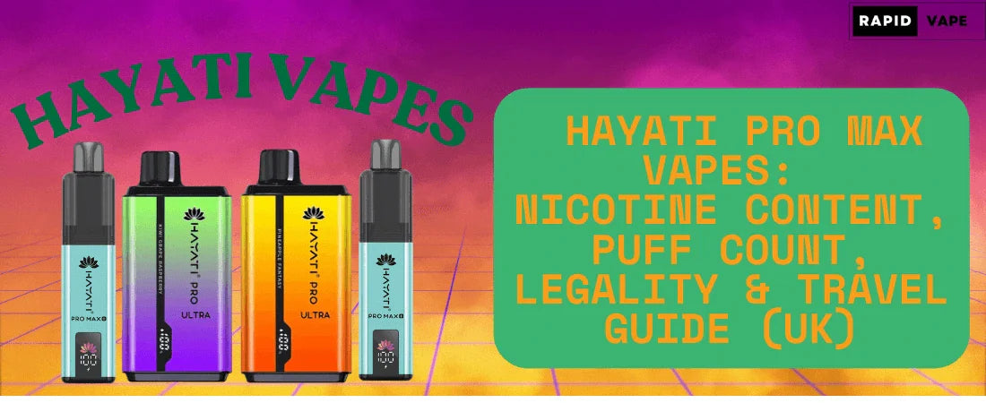 Five Hayati disposable vapes displayed on a vibrant purple and orange grid background, with bold green text reading 'Hayati Vapes'. A green box on the right features the blog title in orange: 'Hayati Pro Max Vapes