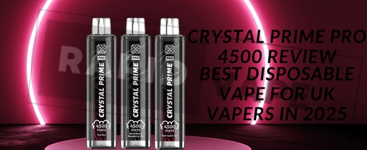 Three Crystal Prime Pro 4500 disposable vapes in front of a glowing pink neon background. Bold text reads ‘Crystal Prime Pro 4500 Review – Best Disposable Vape for UK Vapers in 2025
