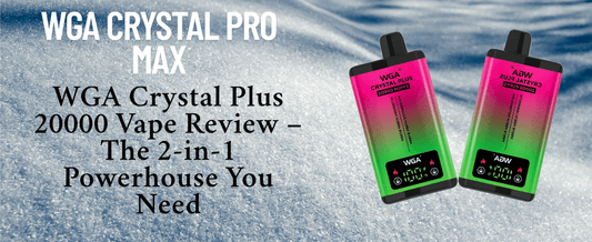 Two WGA Crystal Plus 20000 disposable vapes with gradient pink-green design on icy background. Text highlights “WGA Crystal Pro Max” and vape review title promoting the 2-in-1 long-lasting powerhouse device.