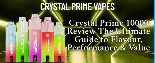 Crystal Prime 10000 disposable vapes displayed against a neon green tunnel background. Text reads “Crystal Prime Vapes – Crystal Prime 10000 Review: The Ultimate Guide to Flavour, Performance & Value.” Stylish, modern, and vape-focused.
