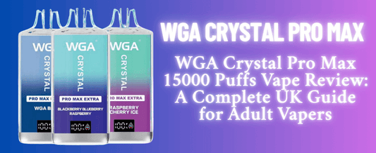 Three WGA Crystal Pro Max vape devices, WGA Berry, Blackberry Blueberry Raspberry, and Raspberry Cherry Ice, are shown with a gradient purple-blue background and bold text highlighting a UK-focused 15,000 puff vape review guide.